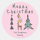 Hand Painted Pink Abstract Christmas Tree Reindeer Ronde Sticker (Voorkant)