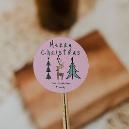 Hand Painted Pink Abstract Christmas Tree Reindeer Ronde Sticker