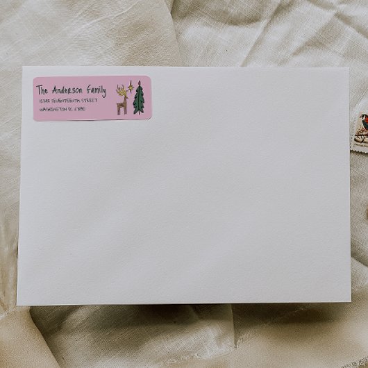 Hand Painted Pink Christmas Tree Reindeer Address Etiket