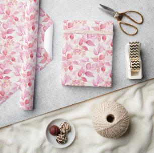 Hand-Painted Pink Leaf Waterverf Patroon op Wit Cadeaupapier