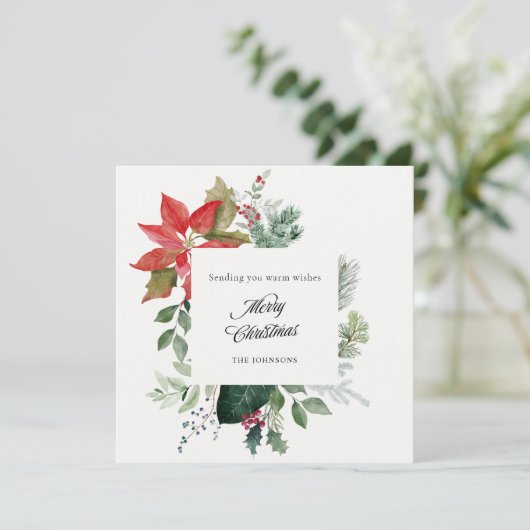 Hand Painted Poinsettia Botanical Merry Christmas Feestdagenkaart (Staand voorkant)