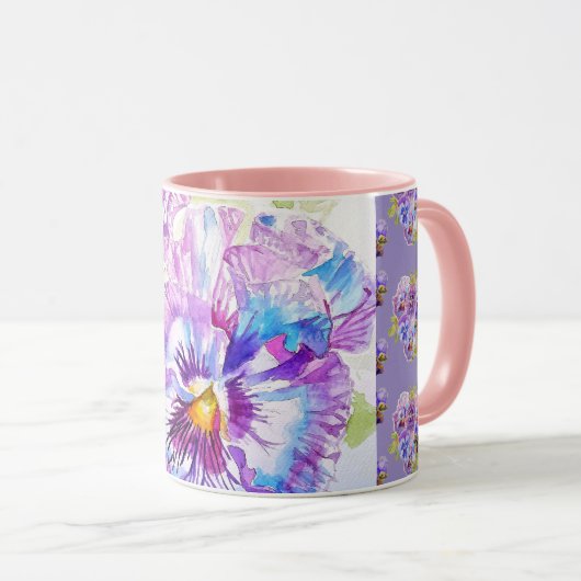 Hand Painted Purple Pansy Pansies floral Latte Mug Mok (Voorkant rechts)