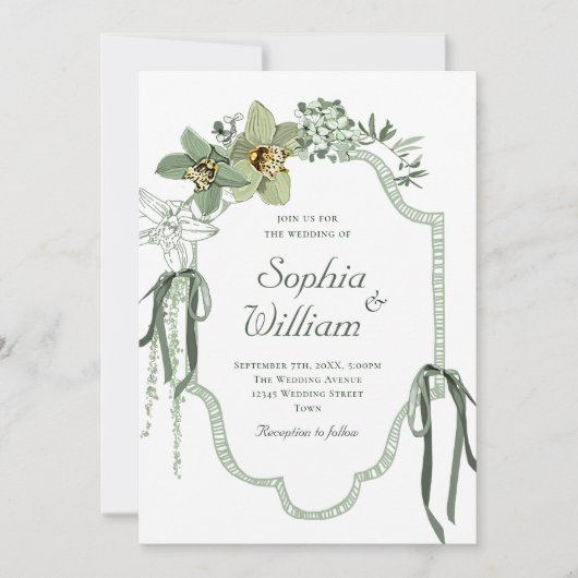 Hand Painted Sage Green Orchids Wedding Invitation Kaart (Voorkant)