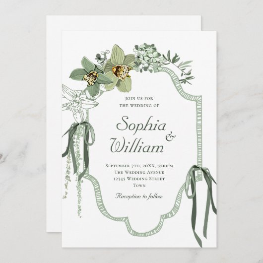 Hand Painted Sage Green Orchids Wedding Invitation Kaart (Voorkant / Achterkant)