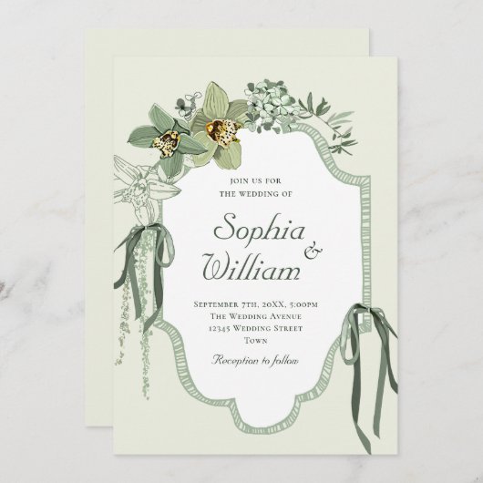Hand Painted Sage Green Orchids Wedding Invitation Kaart (Voorkant / Achterkant)
