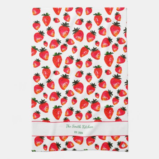 Hand-Painted Strawberry Personalized Boho Spring Theedoek (Verticaal)