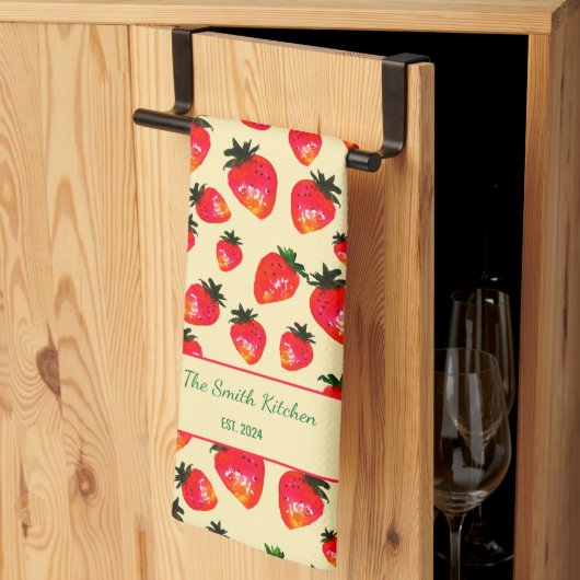 Hand-Painted Strawberry Personalized Boho Yellow Theedoek (Derde Gevouwen)