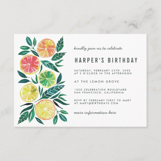 Hand Painted Summer Citrus Fruits Birthday Party Aankondiging (Voorkant)