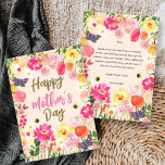 Hand-Painted Watercolor Floral Garden Mother's Day Kaart<br><div class="desc">Celebrate Mom with a card as vibrant and beautiful as she is. This "Happy Mother’s Day" greeting features a lush, hand-painted watercolor design overflowing with pink roses, yellow ranunculus, and delicate daisies. Charming bumblebees and butterflies flutter through the floral border, adding a touch of whimsical magic to the soft blush...</div>