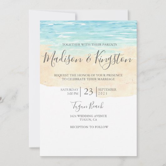 Hand Painted Waterverf Blue Beach Wedding Invite Kaart (Voorkant)