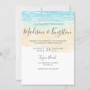 Hand Painted Waterverf Blue Beach Wedding Invite Kaart