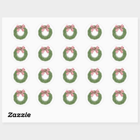 Hand Painted Winter Pine Wreath Striped Red Bow Ronde Sticker (Vel)