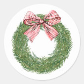 Hand Painted Winter Pine Wreath Striped Red Bow Ronde Sticker (Voorkant)