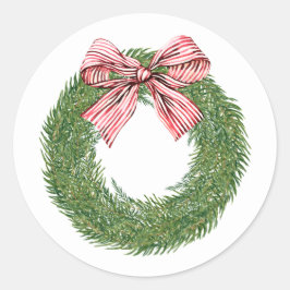 Hand Painted Winter Pine Wreath Striped Red Bow Ronde Sticker