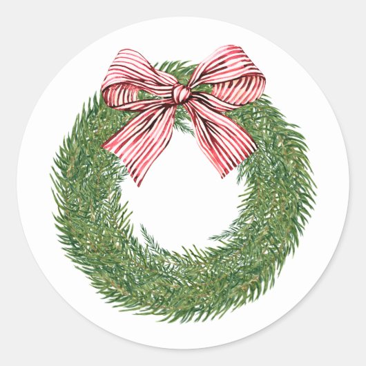 Hand Painted Winter Pine Wreath Striped Red Bow Ronde Sticker (Voorkant)
