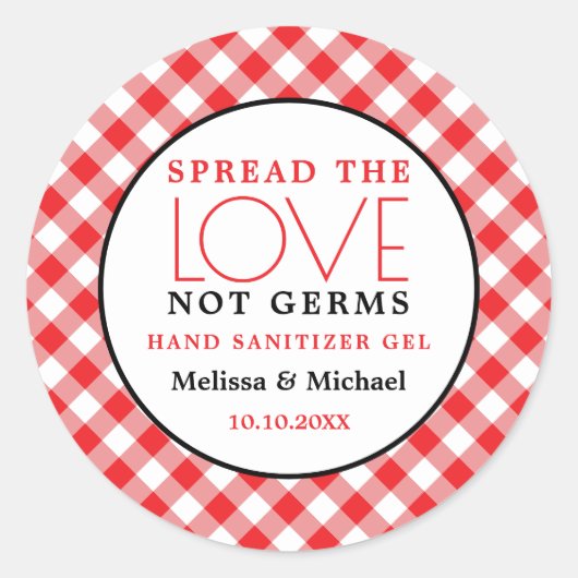Hand Sanitizer Spread Love Red Gingham Bruiloft Ronde Sticker (Voorkant)