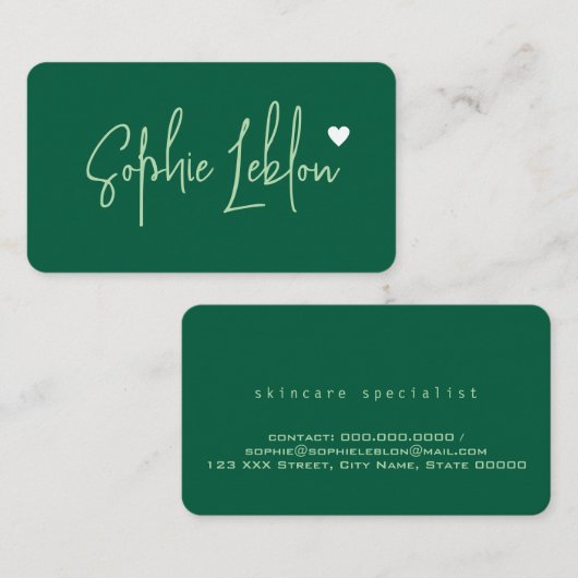 Hand Schetste Naam op Hunter Green met Hart Visitekaartje (Voorkant / Achterkant)