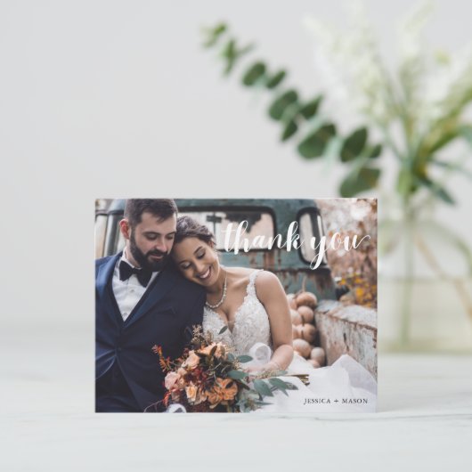 Hand Script Foto bruiloft Dank u Briefkaart (Staand voorkant)