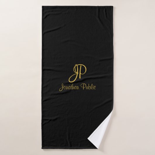 Hand Script Initiaal Monogram Sjabloon Zwart Goud Badhanddoek (Badhanddoek)
