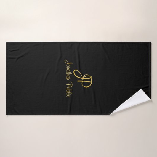 Hand Script Initiaal Monogram Sjabloon Zwart Goud Badhanddoek (Badhanddoek)