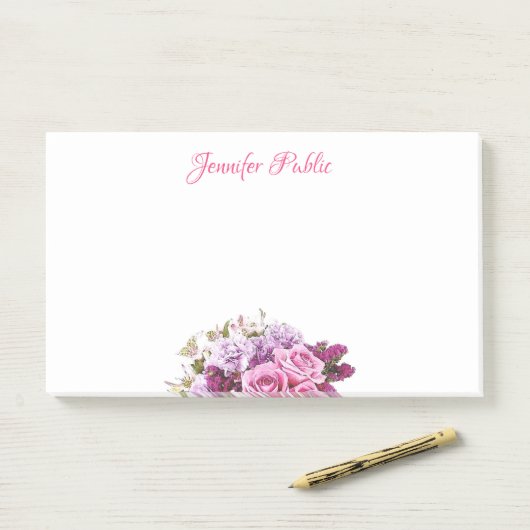 Hand Script Tekst Waterverf Flowers Chique Sjabloo Post-it® Notes (Op bureau)