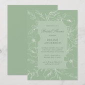 Hand Sketch Peony Sage Green Floral Vrijgezellenfe Kaart (Voorkant / Achterkant)