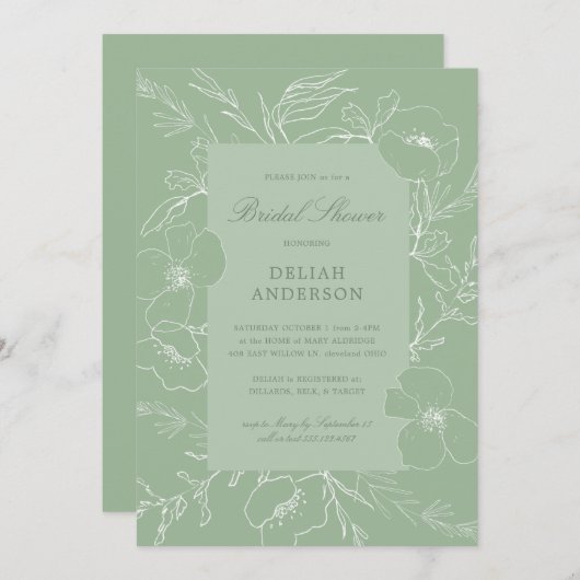 Hand Sketch Peony Sage Green Floral Vrijgezellenfe Kaart (Voorkant / Achterkant)