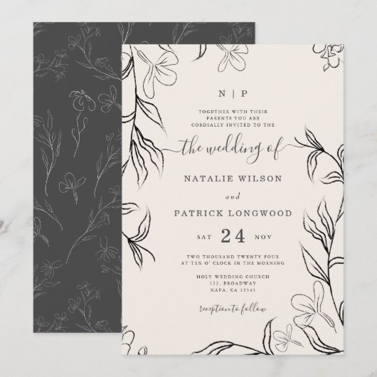 Hand Sketched Delicate Floral Beige Wedding Kaart (Voorkant / Achterkant)