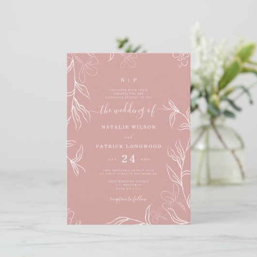 Hand Sketched Delicate Floral Dusty Roos Wedding Kaart (Staand voorkant)