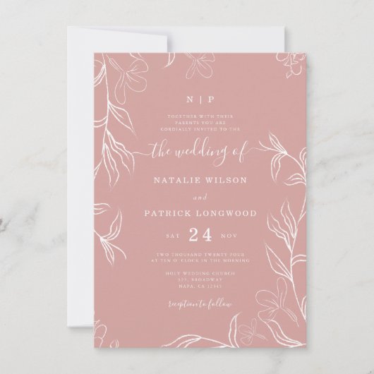 Hand Sketched Delicate Floral Dusty Roos Wedding Kaart (Voorkant)