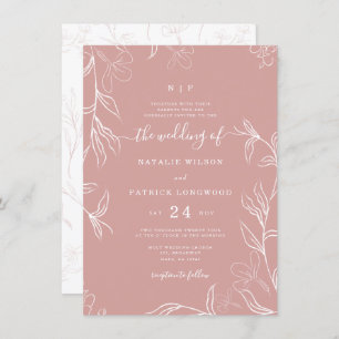 Hand Sketched Delicate Floral Dusty Roos Wedding Kaart