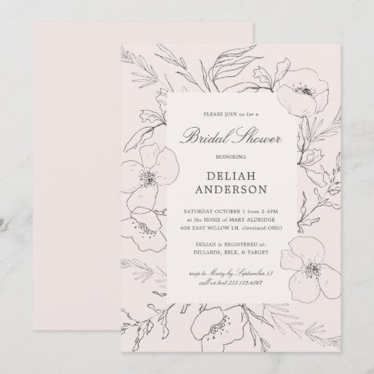 Hand Sketched Peony Blush Floral Vrijgezellenfeest Kaart (Voorkant / Achterkant)