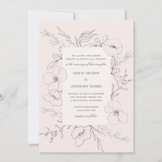 Hand Sketched Peony Blush Pink Wedding Kaart (Voorkant)