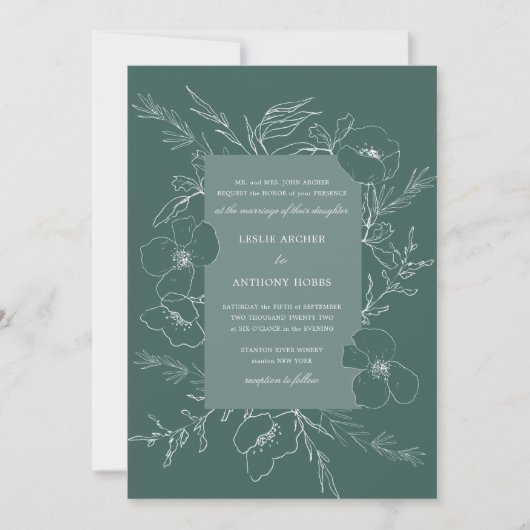 Hand Sketched Peony Emerald Green Wedding Kaart (Voorkant)