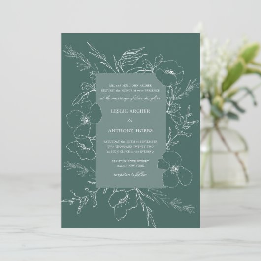 Hand Sketched Peony Emerald Green Wedding Kaart (Staand voorkant)