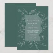 Hand Sketched Peony Emerald Green Wedding Kaart (Voorkant / Achterkant)