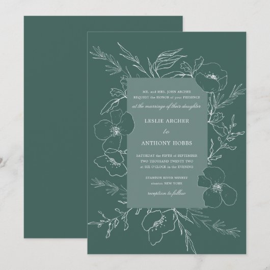 Hand Sketched Peony Emerald Green Wedding Kaart (Voorkant / Achterkant)