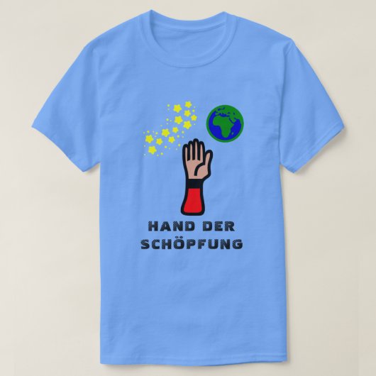 Hand, sterren en aarde met tekst Hand der Schöpfun T-shirt (Design voorkant)