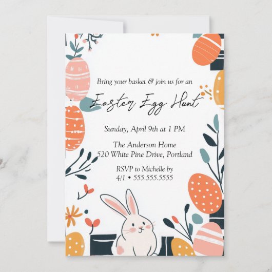 Hand Teken Schattigee Bunny en eieren Easter Egg H Kaart (Voorkant)