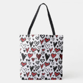 Hand Teken Wit, Zwart en Rood Hart Vorm Tote Bag (Voorkant)