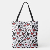 Hand Teken Wit, Zwart en Rood Hart Vorm Tote Bag (Achterkant)