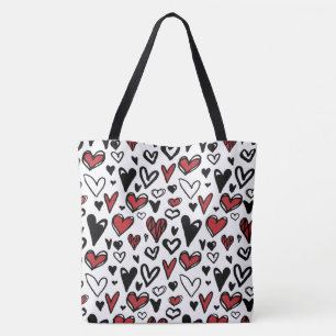Hand Teken Wit, Zwart en Rood Hart Vorm Tote Bag