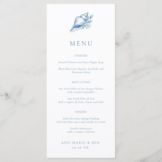 Hand Tekening Blue Seashell Wedding Menu (Voorkant)