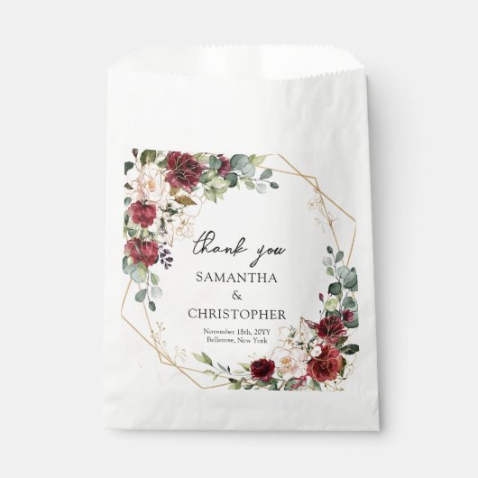 Hand tekening bordeaux bloemen gouden salie bruilo bedankzakje (Voorkant)
