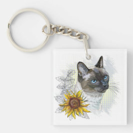 Hand tekening grappige schattige thai kat met bloe sleutelhanger