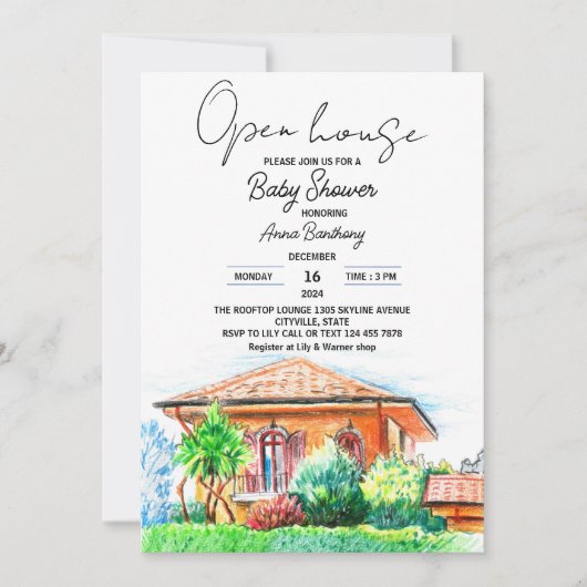 Hand tekening open huis baby shower kaart (Voorkant)