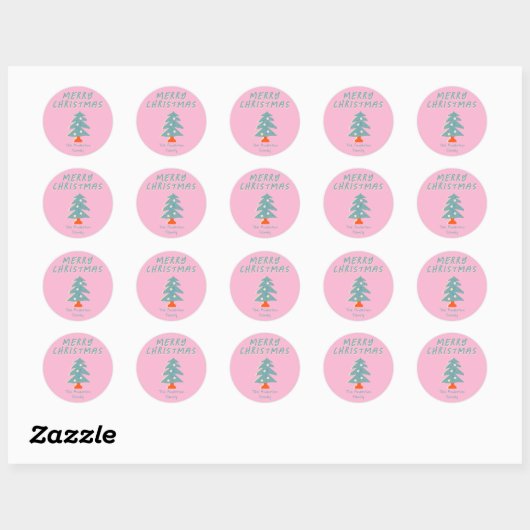 Hand Tekening Roze Blauwe Kerstboom Ronde Sticker (Vel)