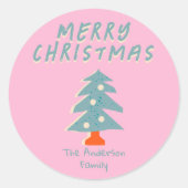  Hand Tekening Roze Blauwe Kerstboom Ronde Sticker (Voorkant)