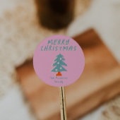 Hand Tekening Roze Blauwe Kerstboom Ronde Sticker
