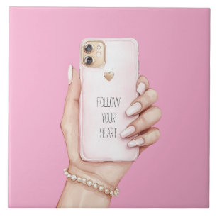 Hand telefoon chic meisjesachtig roze nagels tegeltje